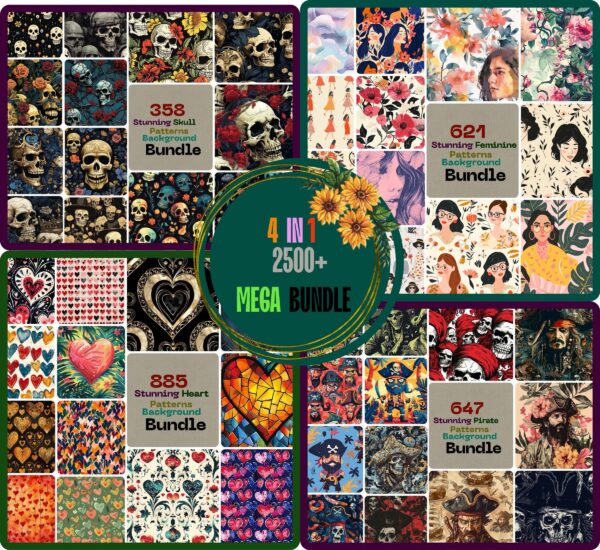 Stunning Feminine, Heart, Pirate, Skull Patterns Background